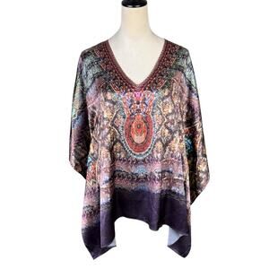 Boston Proper NWT Purple Pendant Print Cold Shoulder Open V Neck Poncho Top
